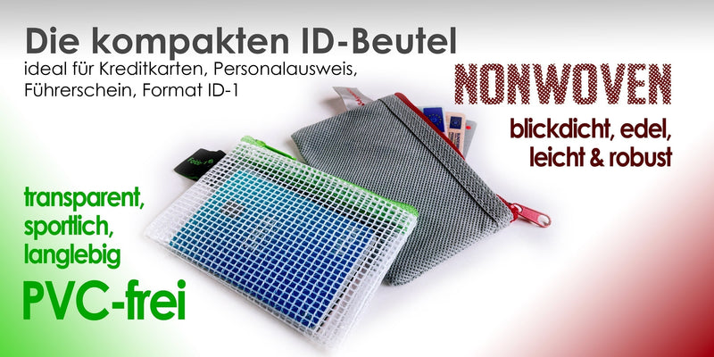 Zwei clevere Begleiter im ID-1 Format - NON-WOVEN-BAG und PVC-freier Reißverschlussbeutel